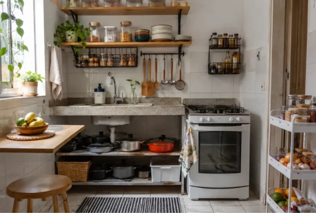 como organizar uma cozinha pequena com pouco armário